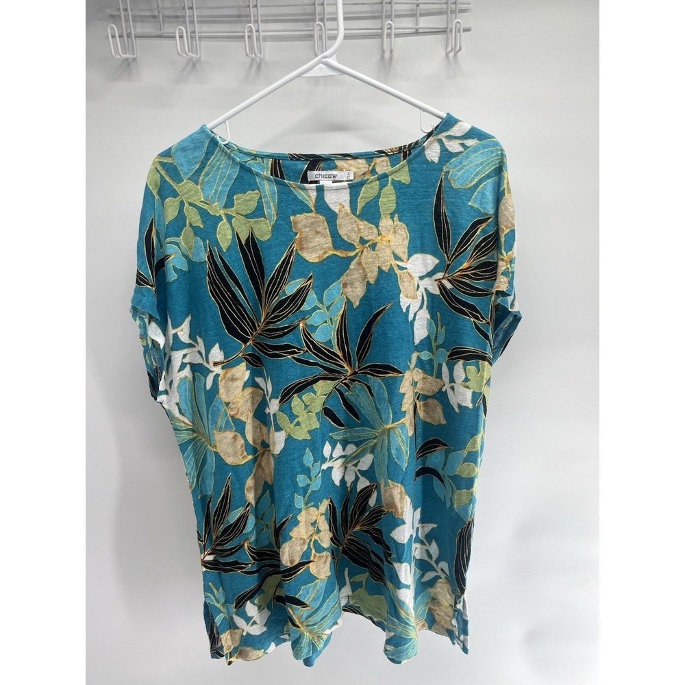 Women's Chicco 100% Linen Shirt  Size 3 XL Blue Floral Tropical Beach Casual